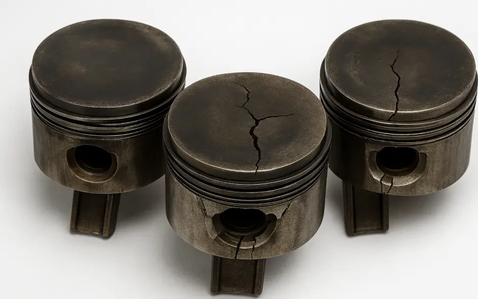 Cracked pistons on a white surface