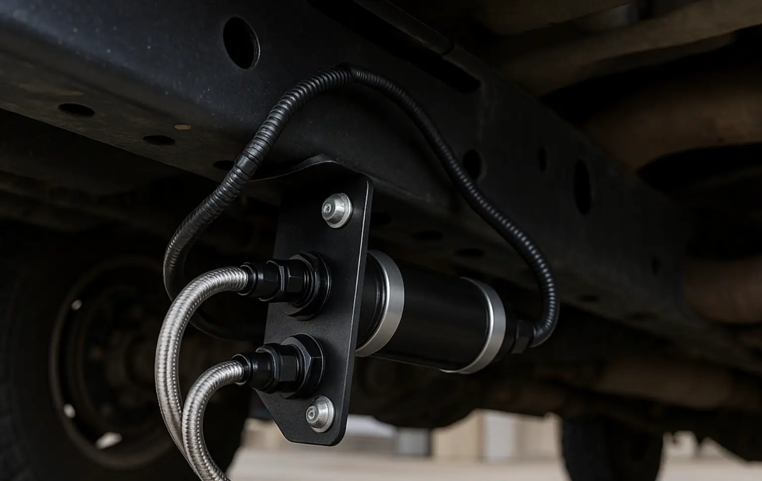 Frame-mounted lift pump installed on an LMM Duramax with routed hoses and wiring