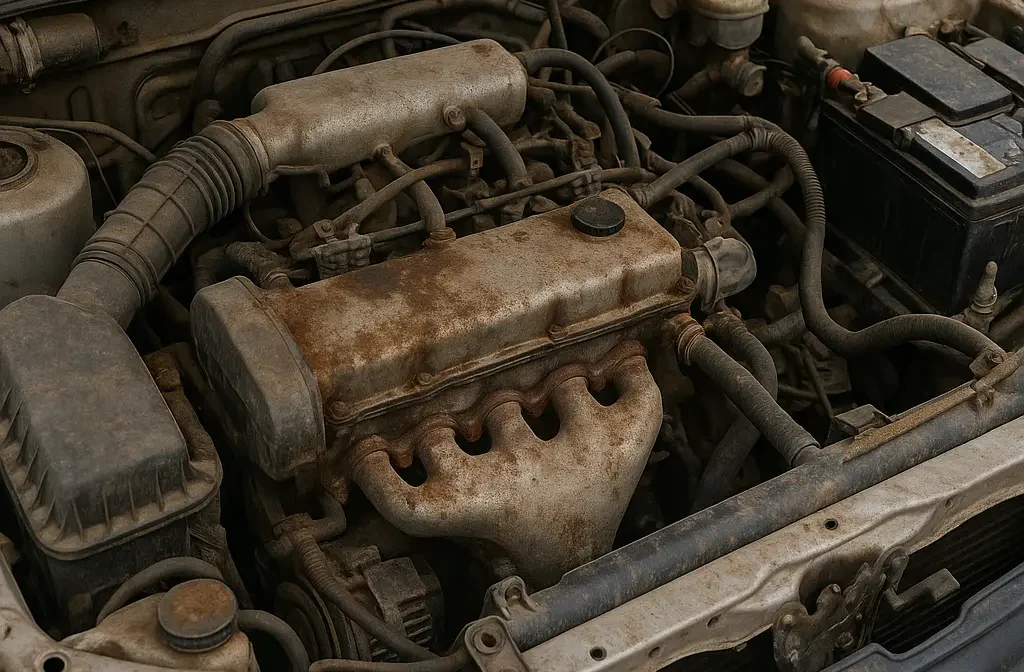 Car engine with visible internal wear
